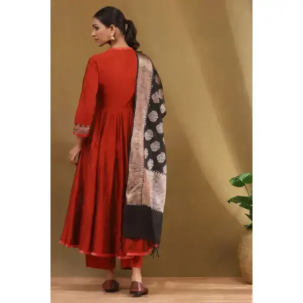 BIBA-Rust Embroidered Angrakha Festive Anarkali Suit Set