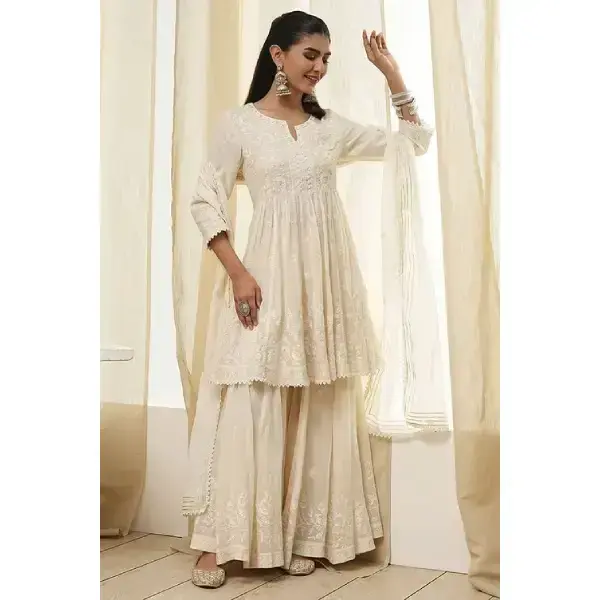 BIBA-Off-White Cotton Embroidered Flared Suit Set