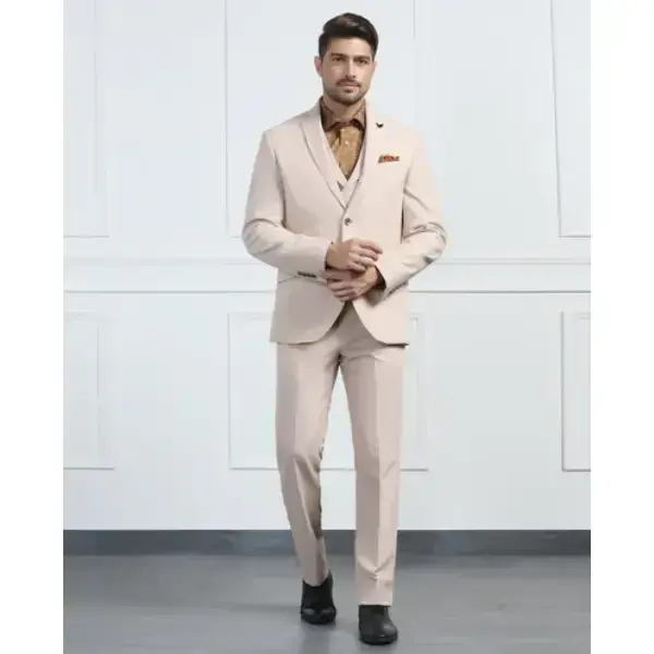 BLACKBERRYS-Three Piece Beige Solid Formal Suit - Randle