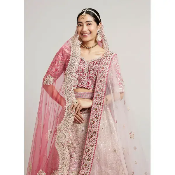 Manyavar-Exquisite Dusty Light Pink Velvet Crop Top Bridal Lehenga with Embroidery