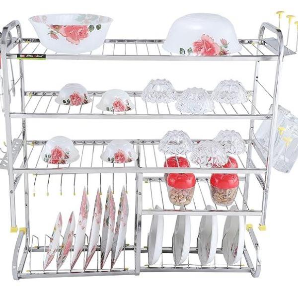 OSE-Kitchen Dish Rack | Wall Mounted | 5 Shelves | Stainless Steel | Holds 18+ Plates | Space-Saving | Rustproof | Easy Assembly (30 X 32 INCH)