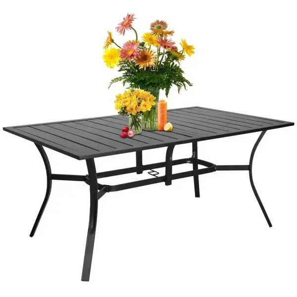 Overstock-60" x 37" Outdoor Patio Rectangular Metal Slatted Dining Table with Umbrella Hole for 6 Person