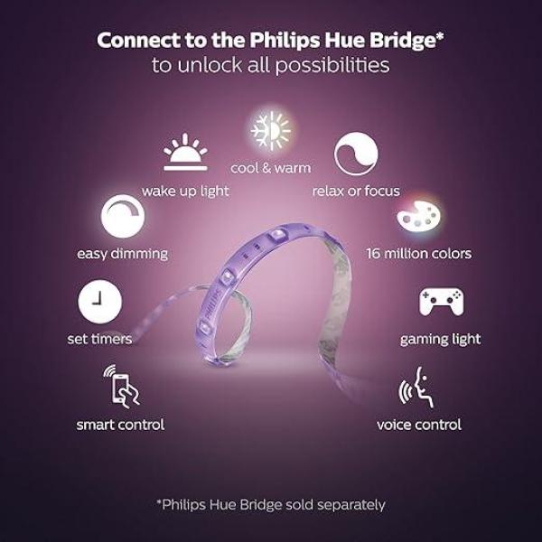 Philips- Hue Gen 4 Smart Light Strip (White & Color Ambiance) 20W Base 2 Meters, Bluetooth & Zigbee Compatible