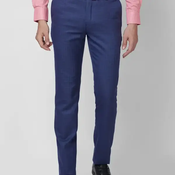 Raymond-Men Blue Checks Slim Fit Polyester Blend Trouser