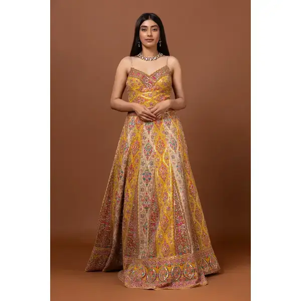 SEASONS-MUSTARD YELLOW CLASSIC GOWN SET WITH ALL OVER MULTI COLOURED THREAD WORK PAIRED WITH A MATCHING DUPATTA AND GOLD SEQUIN DETAILS.