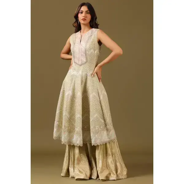 seasons-MUSTARD LIME GREEN SHARARA PANT SET AND A LONG KURTA TOP WITH ALL OVER PATTERNED EMBROIDERY PAIRED WITH A MATCHING DUPATTA AND CRYSTAL EMBELLISHMENTS.