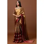 SEASONS-GOLD AND RED CLASSIC SAREE SET PAIRED WITH A MATCHING HAND EMBROIDERED BLOUSE AND MIRROR DETAILS.