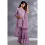 SEASONS-PINKISH PURPLE TIERED SHARARA SET WITH A CHIKAN KURTA TOP WITH BELL SLEEVES PAIRED WITH A MATCHING DUPATTA