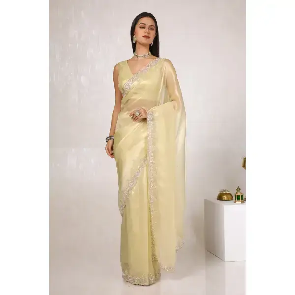 Soch-Gold Embellished Tissue Saree With Sequins Work