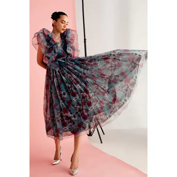 ZABBELA-Botanic Ruffled Tulle Midi Dress